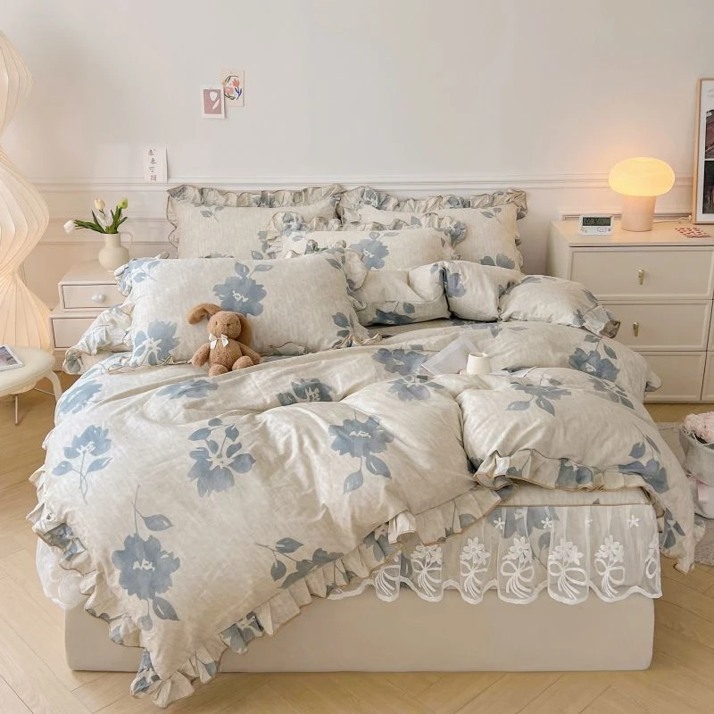 全包纯棉床笠四件套公主风全棉加厚花边被套防滑床套罩4件套韩版