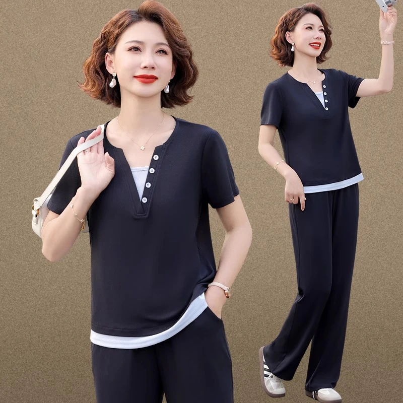 妈妈夏装套装假两件短袖T恤2025新款中老年女装夏休闲运动两件套