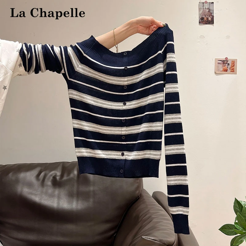 拉夏贝尔复古撞色条纹单排扣针织长袖开衫女秋季一字领露肩小上衣