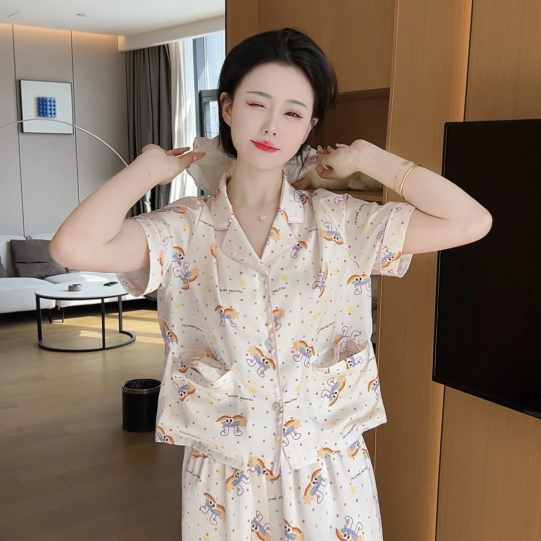 （波点彩虹）夏季短袖可爱休闲显瘦睡衣家居服女透气亲肤可外穿
