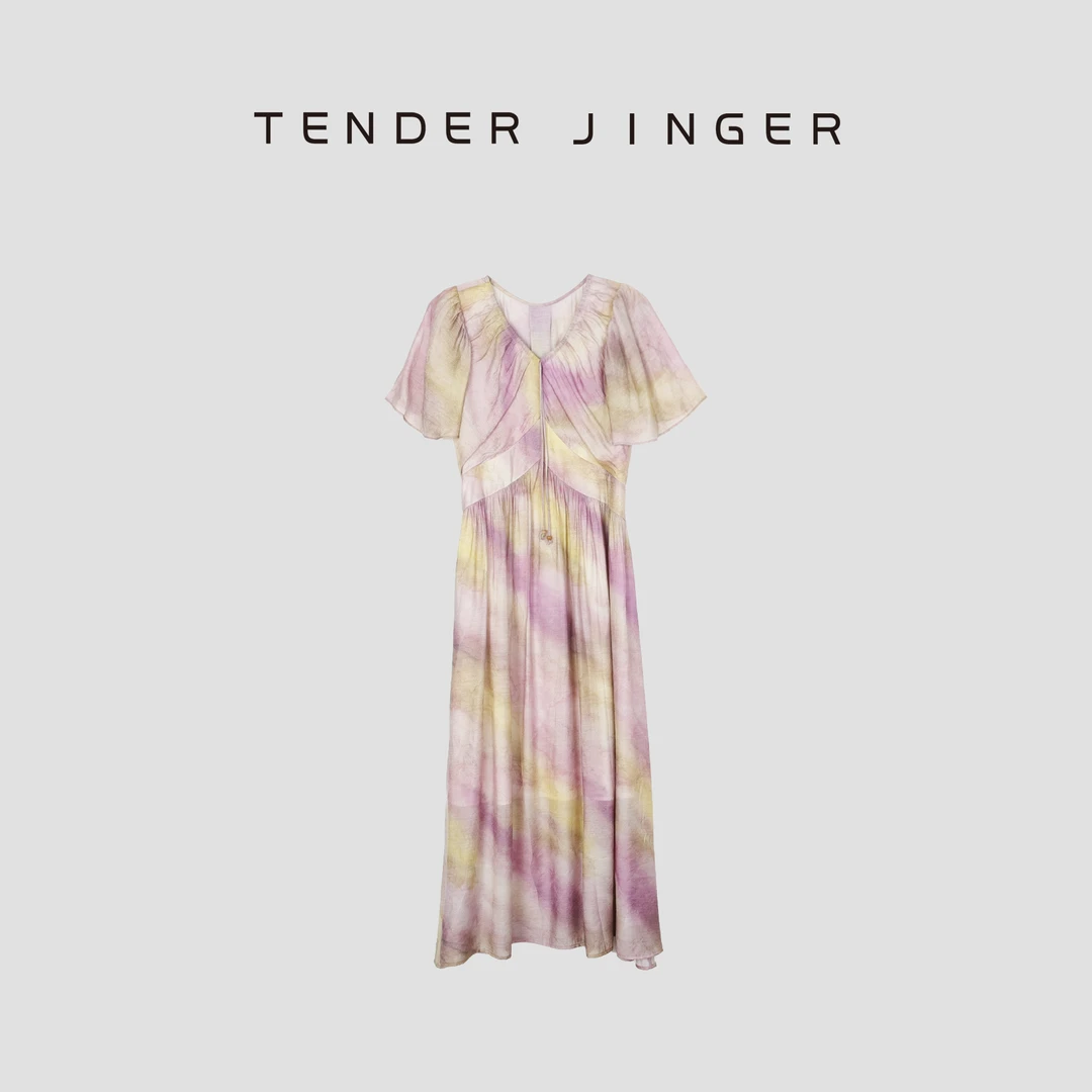 Tender Jinger【疯狂星期三】晕染印花V领连衣裙T52LAN80999
