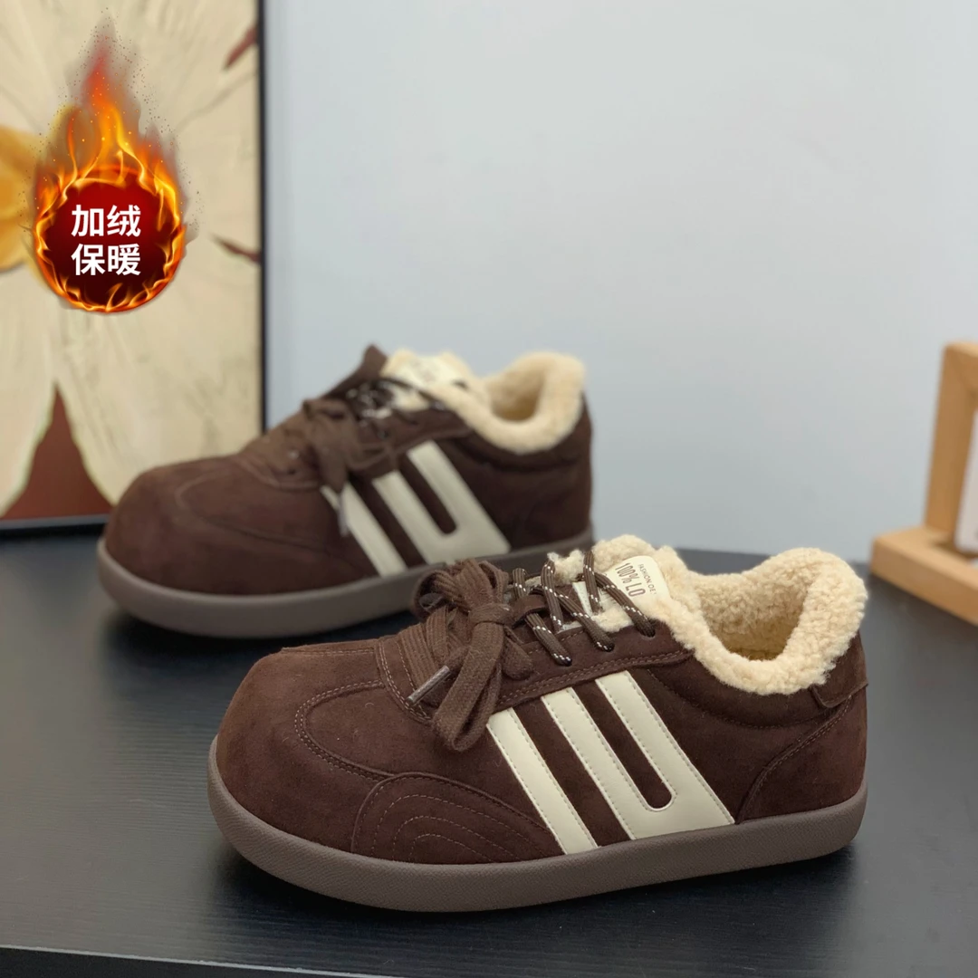 冬季加绒丑萌大头德训鞋女2025超火美拉德毛毛鞋内增高系带棉鞋子