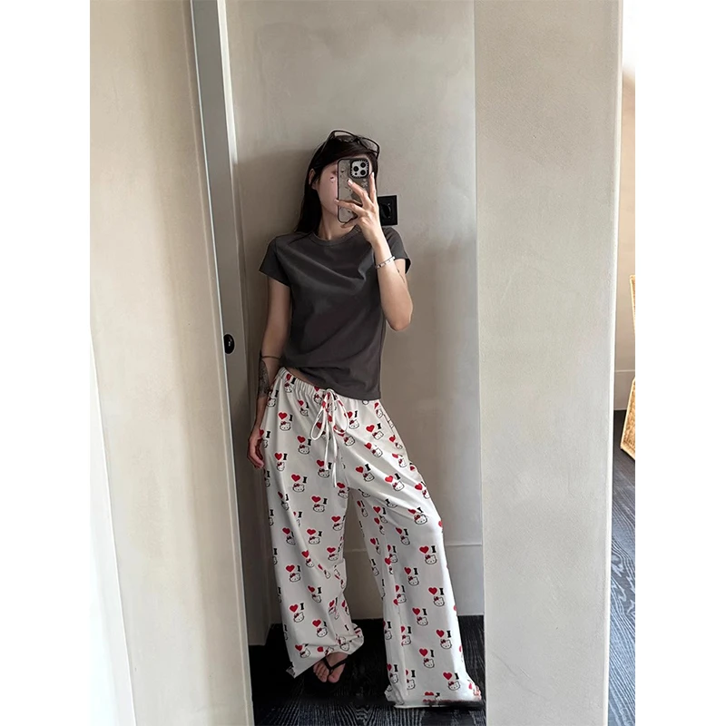 【番茄妹妹】印花高腰阔腿直筒休闲裤+圆领正肩休闲短袖T恤上衣