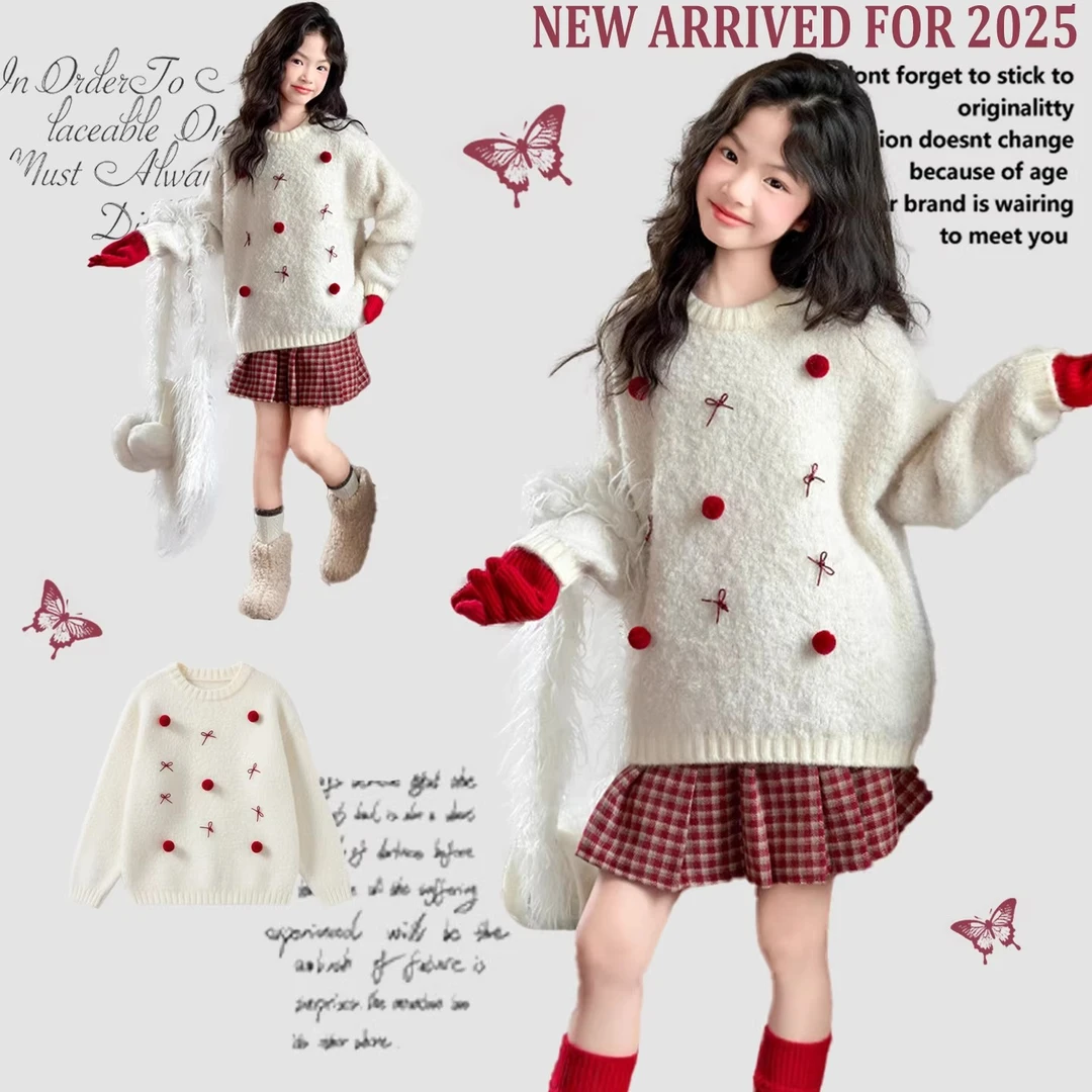 女童冬季白色毛衣2025新款女大童加厚保暖蝴蝶结毛球圣诞针织衫潮