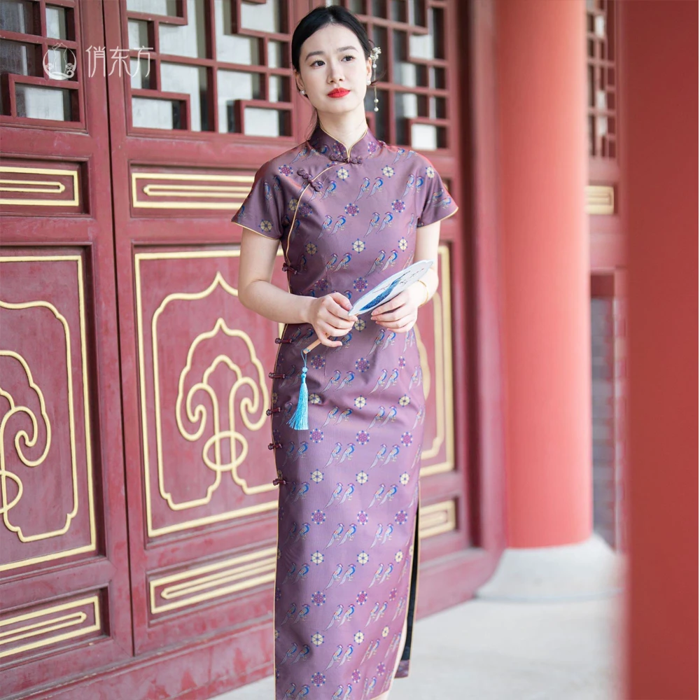 俏东方《翟鸟纹紫红系》夏季新款100%桑蚕丝宋锦三分袖全开襟旗袍