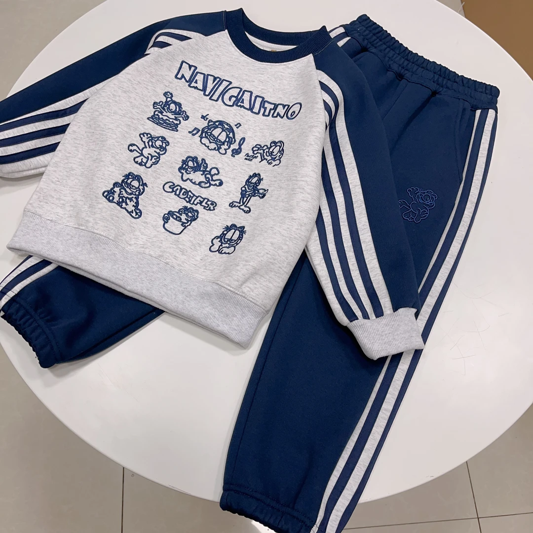 （春款）儿童圆领套装加菲猫刺绣男童女童插肩袖亲子装小中大童百搭