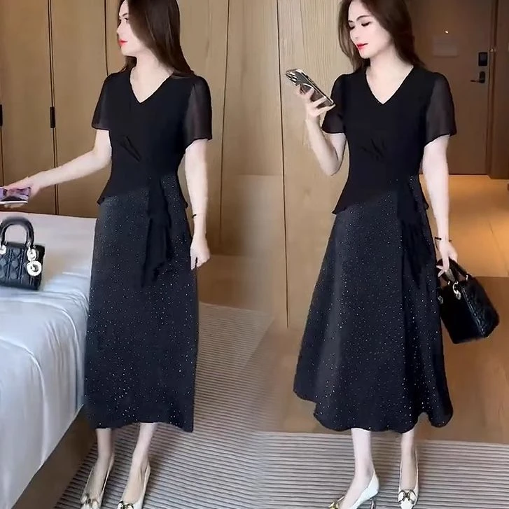洋气显瘦遮肉不规则拼接中长款烫钻裙子时尚连衣裙女2025夏季新款
