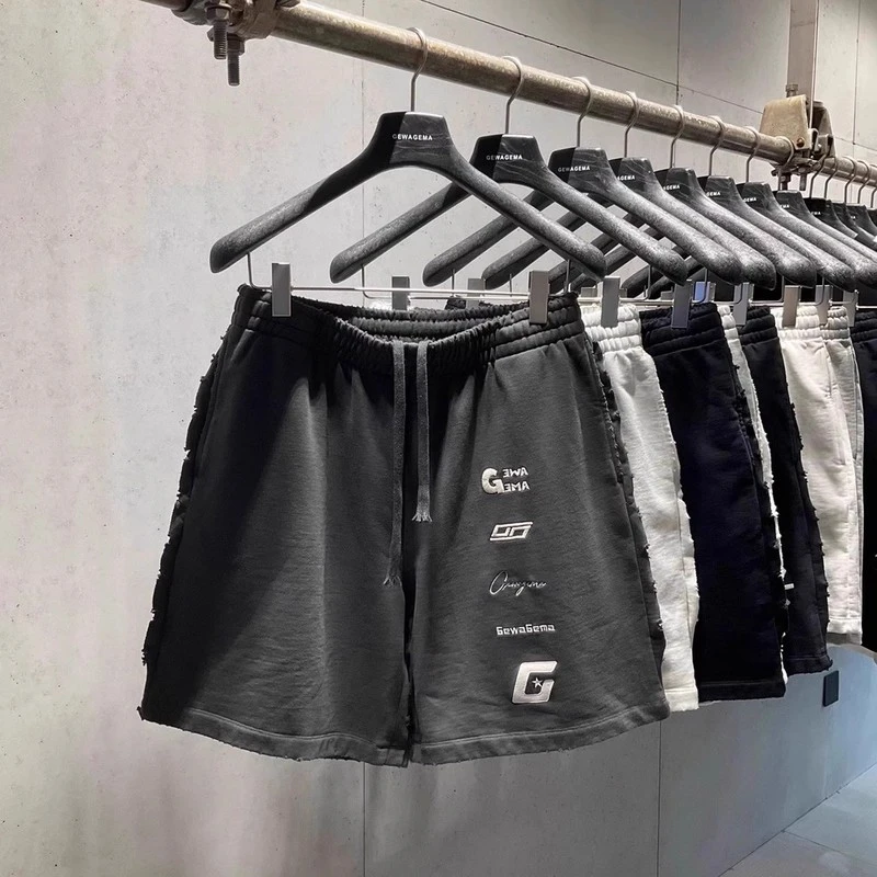 雍立美式重磅夏季2025新款刺绣宽松毛圈纯棉短裤潮牌五分裤磨破