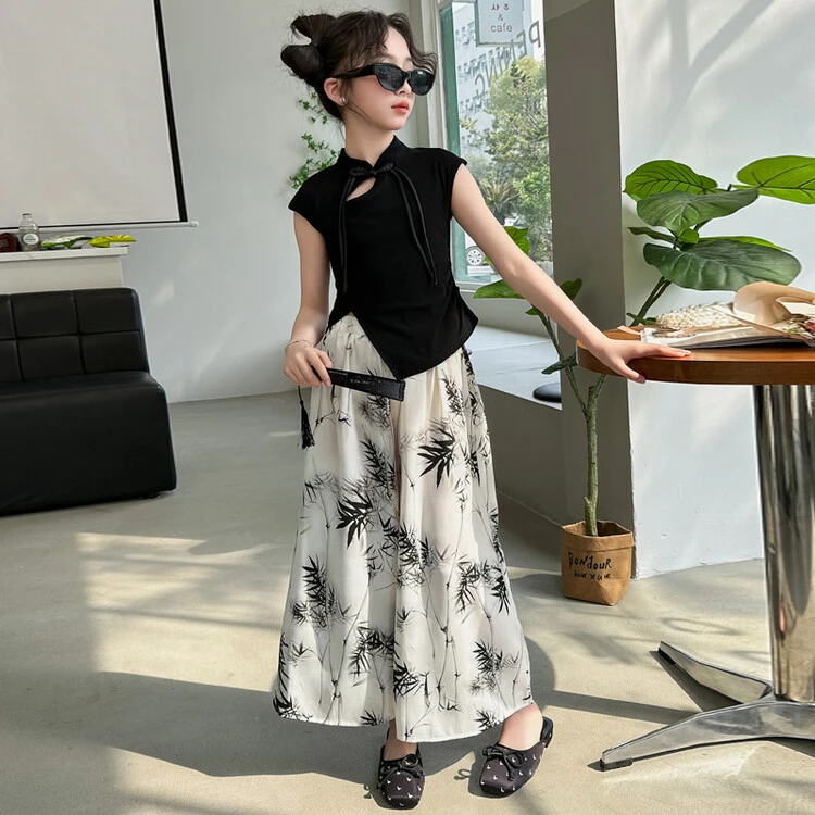 女童套装夏季2025新款儿童中式盘扣不规则短袖国风薄款阔腿防蚊裤
