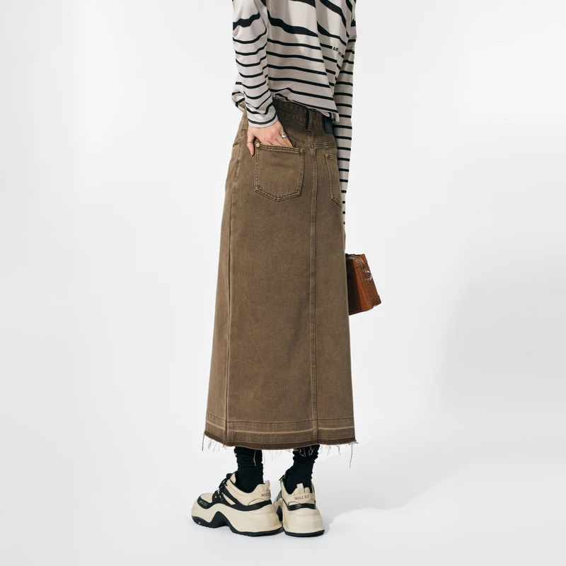 U/TI 废土风前开叉浮雕字母高腰显瘦直筒休闲工艺牛仔半身长裙