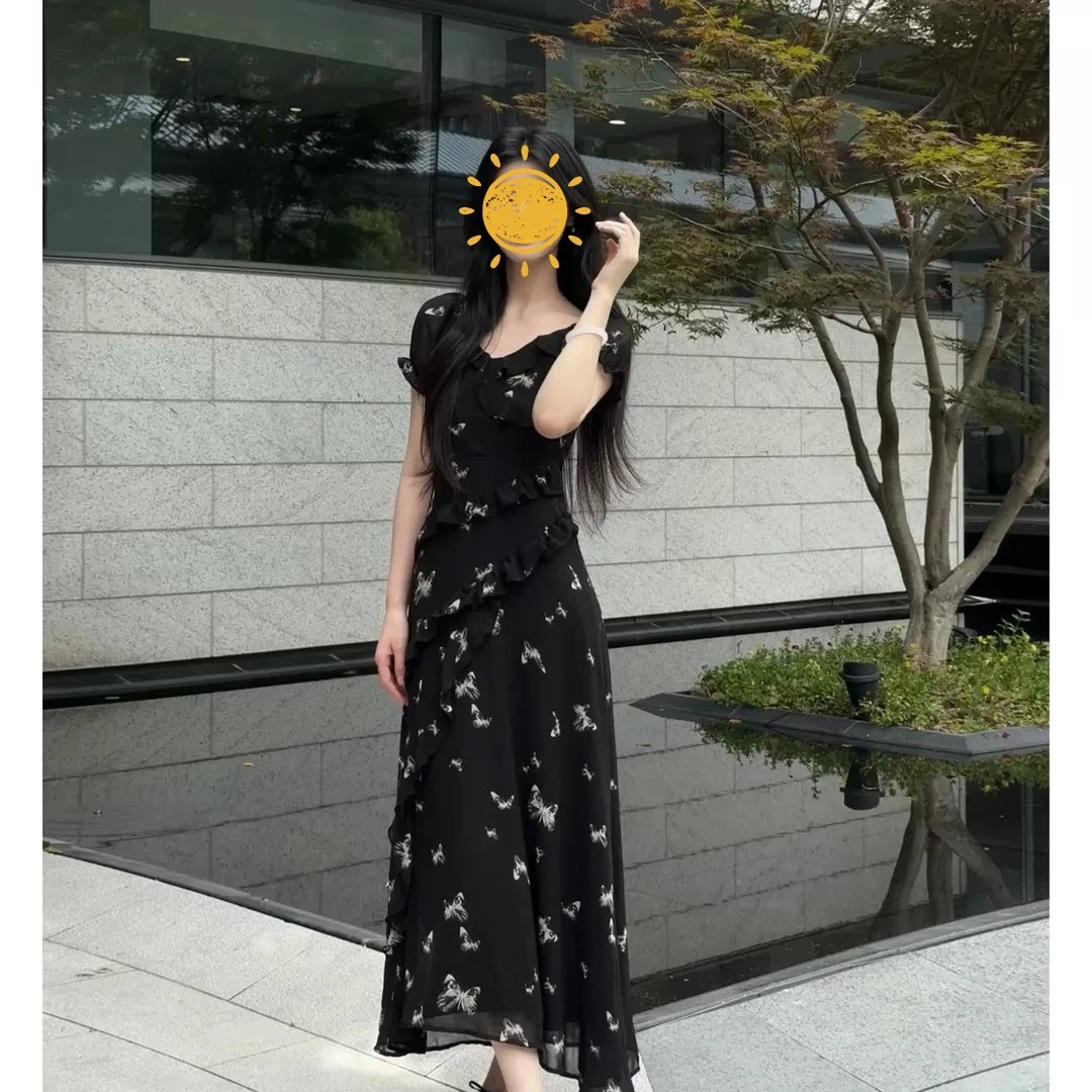 【致爱丽丝2.0】夏季泡泡袖不规则印花蝴蝶碎花掐腰显瘦长裙