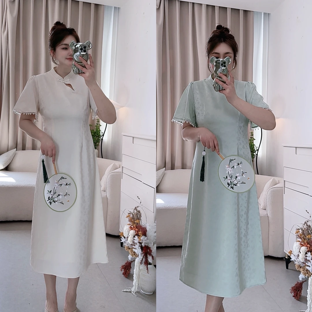 【红袖雨】改良新中式国风提花旗袍裙大码女装古典夏季连衣裙242417