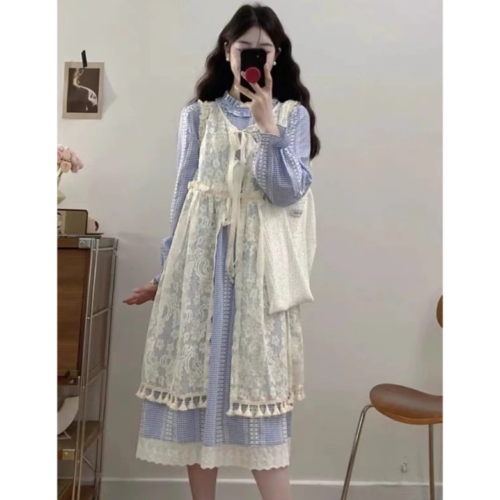 甜美系女孩连衣裙马甲韩系新款复古花边飞飞袖显瘦收腰中长款ins