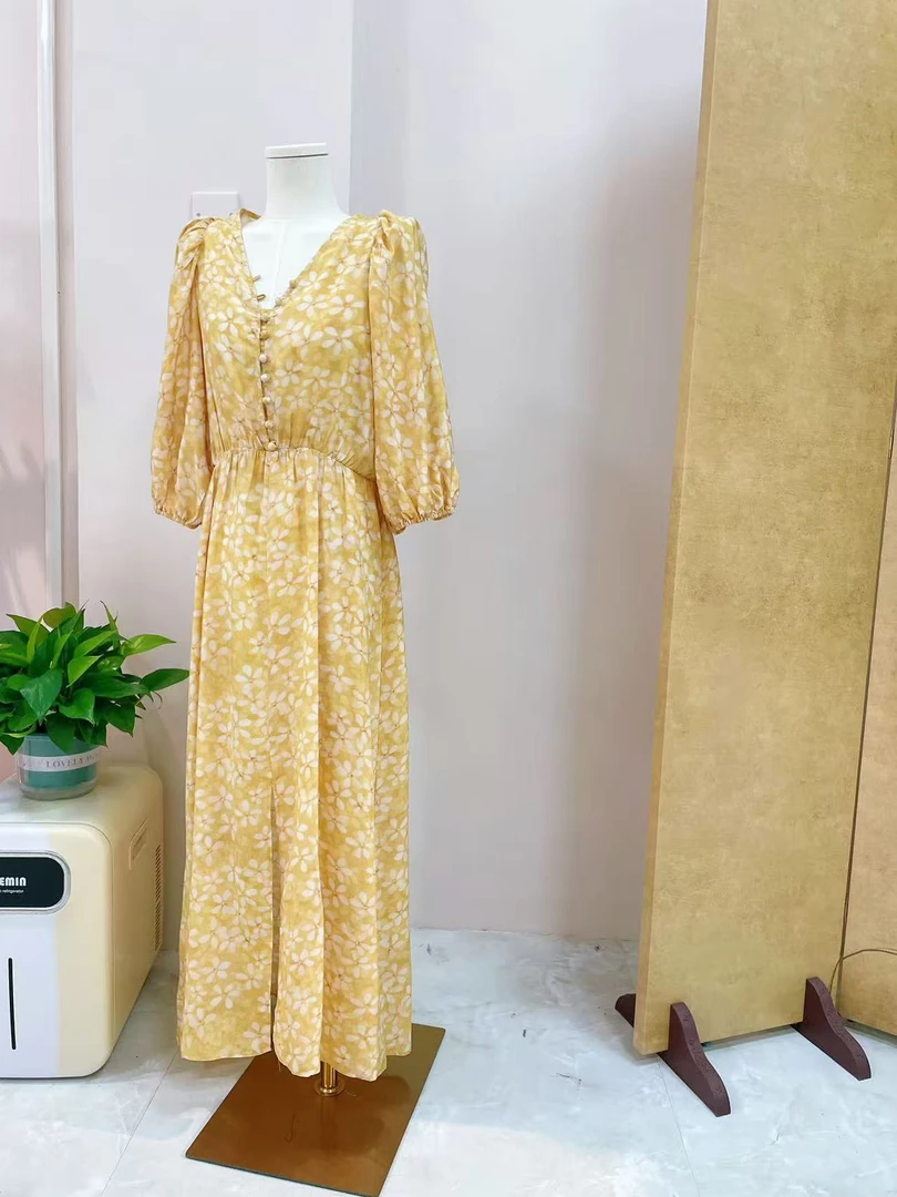 夏季宽松花色桑蚕丝法式碎花连衣裙V领印花高腰气质裙子