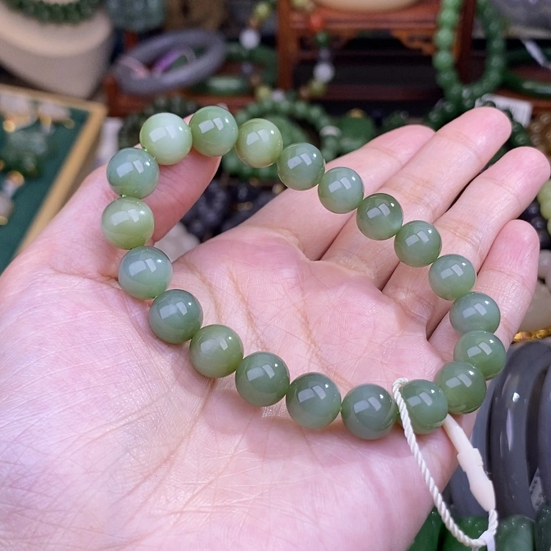 和田玉清货补贴碧玉粉绿猫手串9+m未镶嵌
