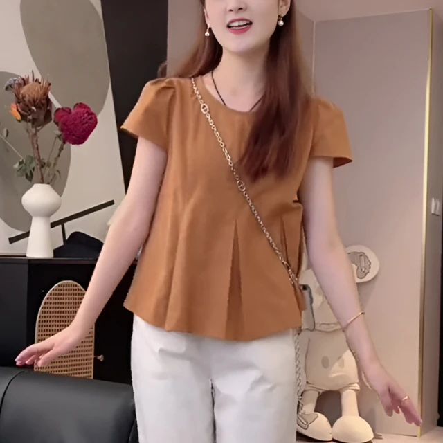 法式高级感褶皱短袖衬衫2024新款女夏季洋气衣服女甜美上衣晚宴场