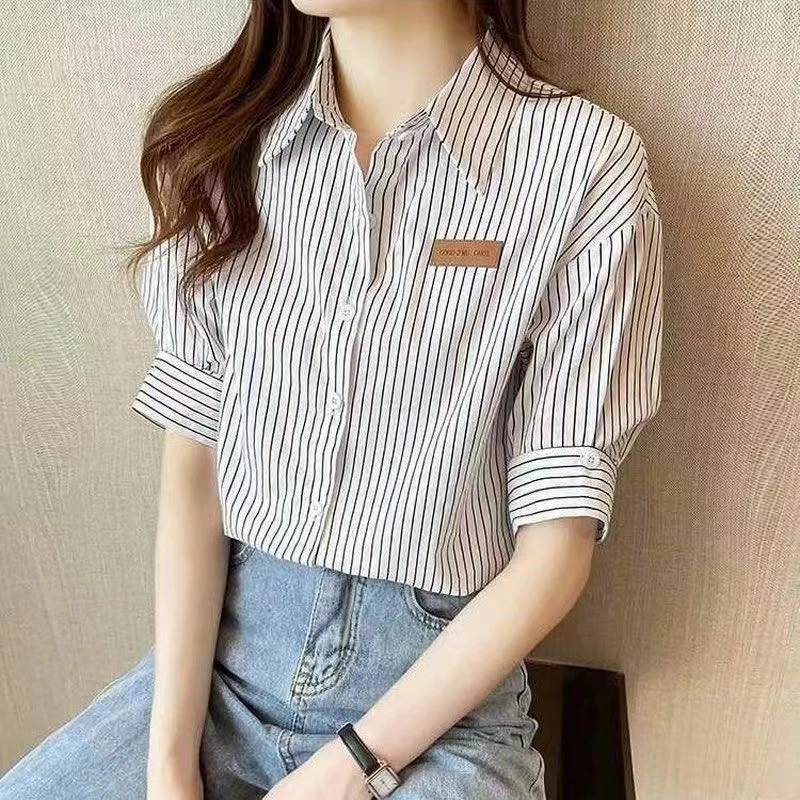竖条纹衬衫女短袖2025春夏季新款韩版宽松上衣设计感小众气质衬衣