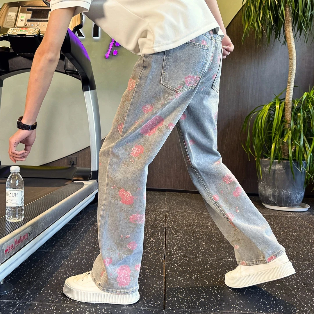 牡丹满印提花卉牛仔裤男款直筒cleanfit设计感裤子美式高街微喇裤