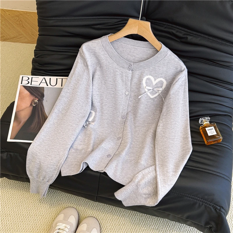 2025年新款法式温柔甜美百搭复古蝴蝶结圆领长袖针织开衫女上衣