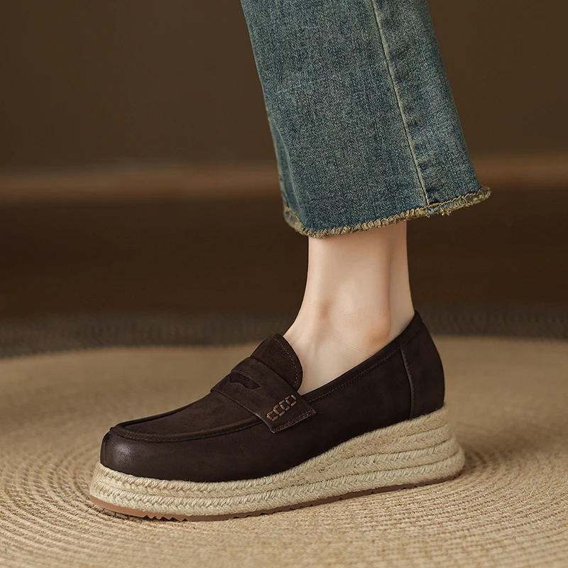 复古圆头乐福鞋女春秋款深口松糕厚底单鞋5cm坡跟真皮舒适小皮鞋