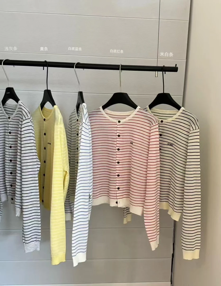 短款条纹长袖开衫款春季毛针织衫百搭白底休闲显瘦宽松毛衣