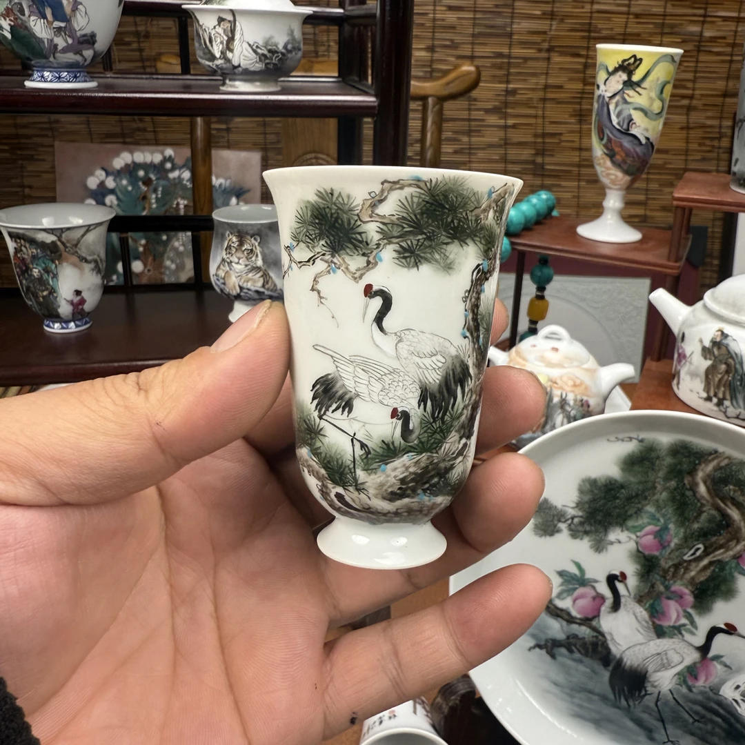 松鹤延年闻香杯手绘