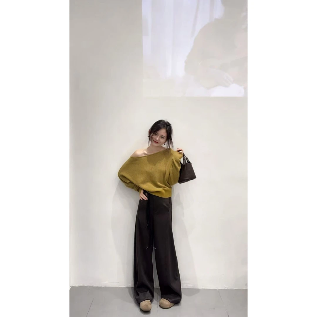 长袖灯笼袖针织一字领毛针织衫秋季复古深咖色高腰显瘦休闲裤套装