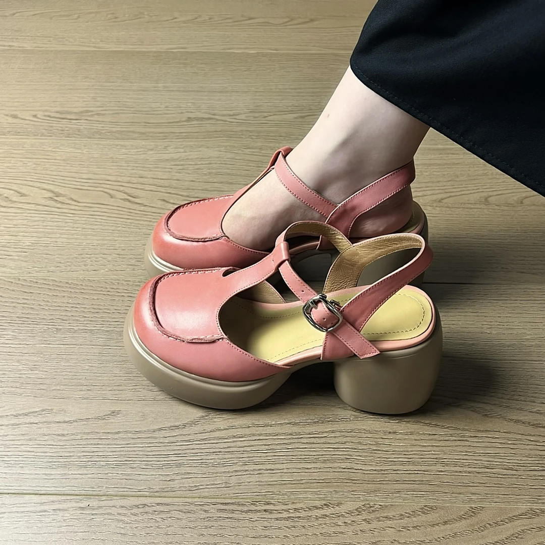 夏季新款7.5cm粗跟厚底包头凉鞋女圆头浅口丁字式扣带凉鞋女