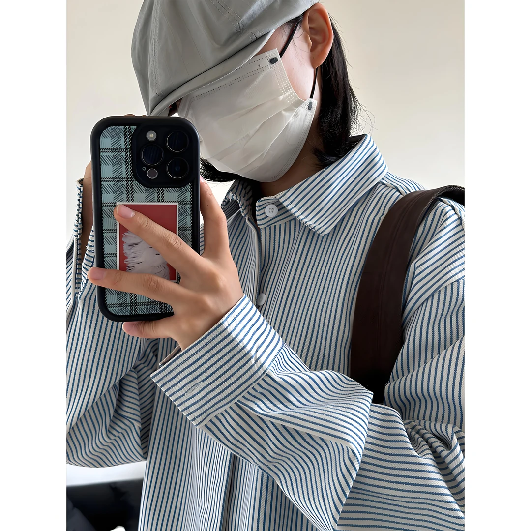 25新款条纹长袖衬衫男高级感春秋季美式百搭休闲蓝色衬衣外套