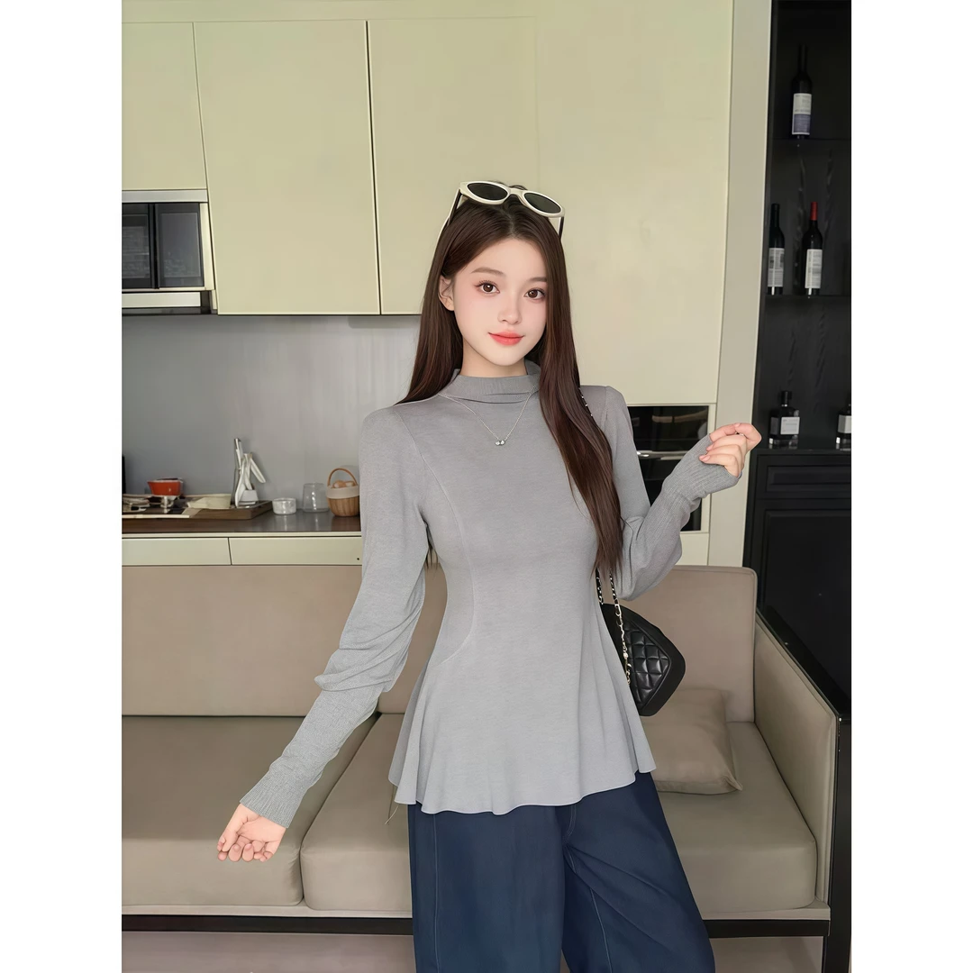 时尚百搭半高领长袖针织衫女秋季新款收腰遮肉显瘦通勤洋气上衣