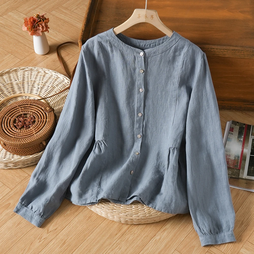 2025春秋季15支汉麻长袖衬衫文艺复古宽松百搭拼接简约蓝色上衣女