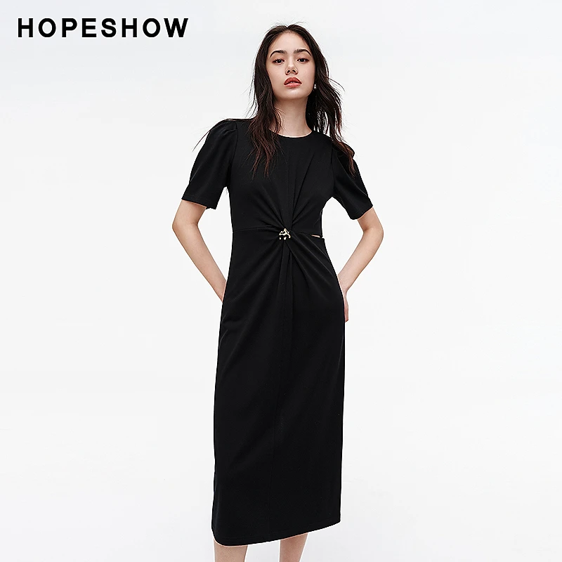 红袖立体扭结侧镂空圆领套头连衣裙89124131642