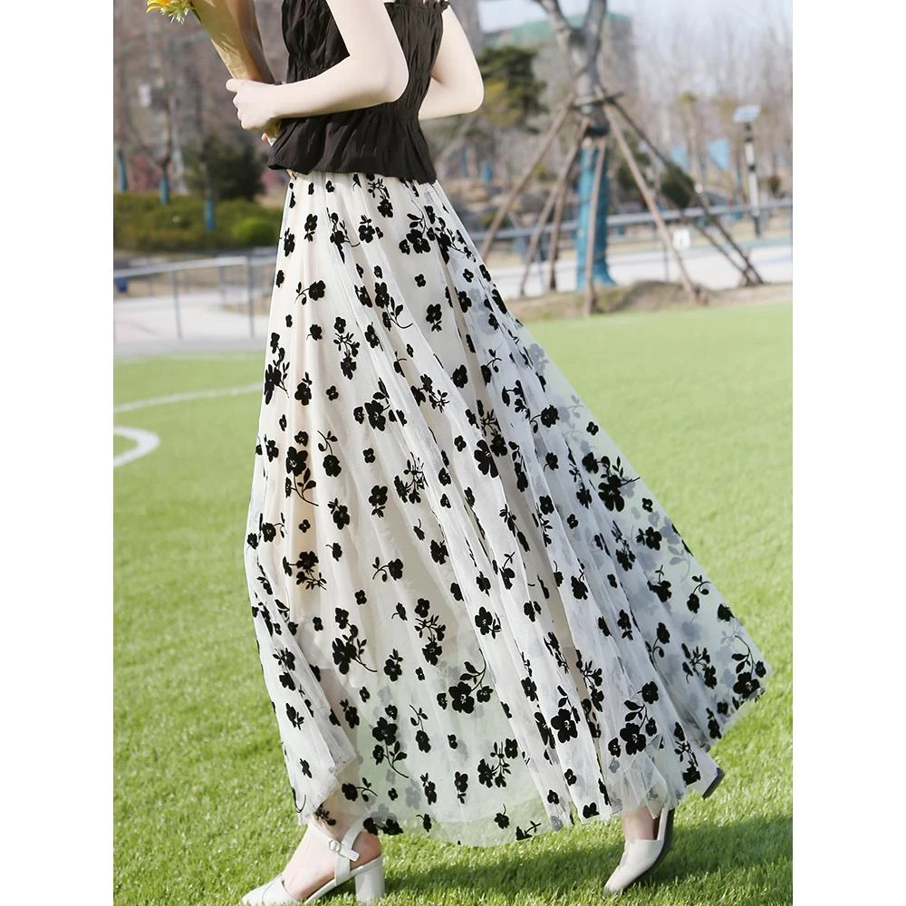 碎花纱裙女半身裙子2025春秋季新款高腰显瘦仙女大摆百褶网纱长裙