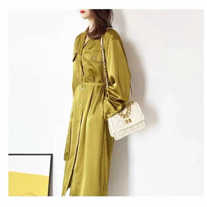 512 系带衬衫裙 人丝垂感长袖简约工装风连衣裙中长裙子早秋