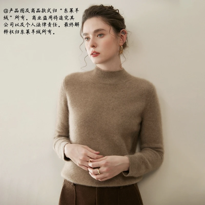 Y8500 女士100%山羊绒正肩平面半高领针织衫七针加厚简约舒适百搭