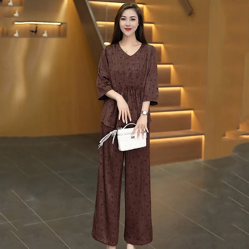 套装显瘦上衣休闲长款新中式短袖套装夏季减龄宽松收腰时尚套装