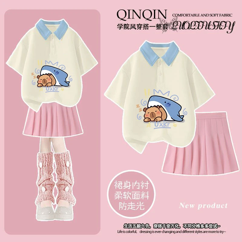 2025夏季女童polo衫短袖T恤短裙鲨鱼卡皮巴拉趣味印花女大童套装