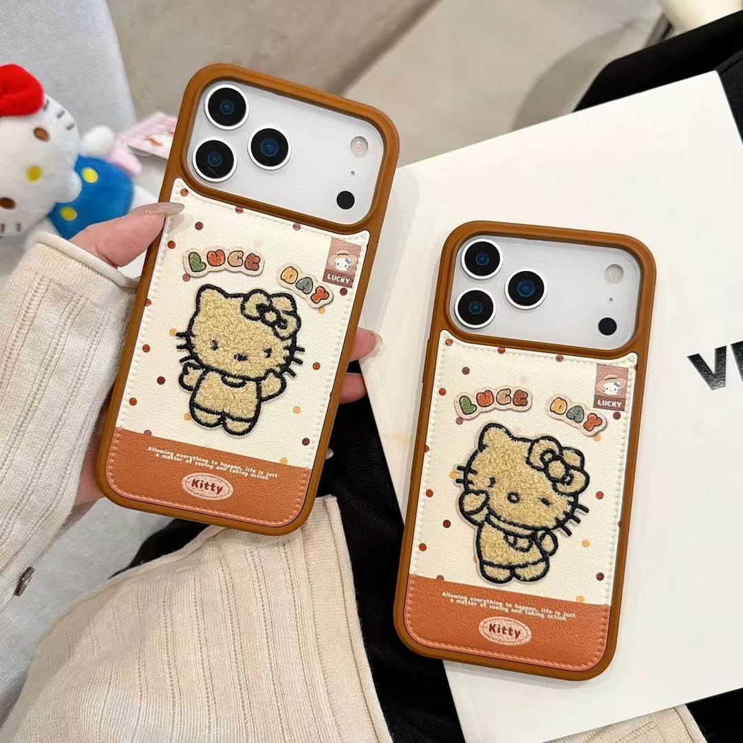 高级感深棕色卡通刺绣贴适用苹果17promax手机壳iPhone16/15情侣