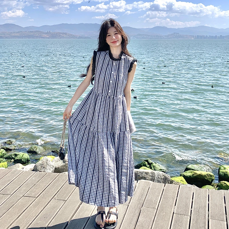 实拍2025新款韩系学院风黑色格蕾丝花边拼接宽松显瘦A字背心裙