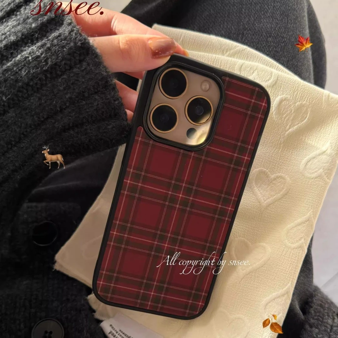 新款韩系复古酒红色适用苹果1手机壳15promax轻奢14高级感13简约