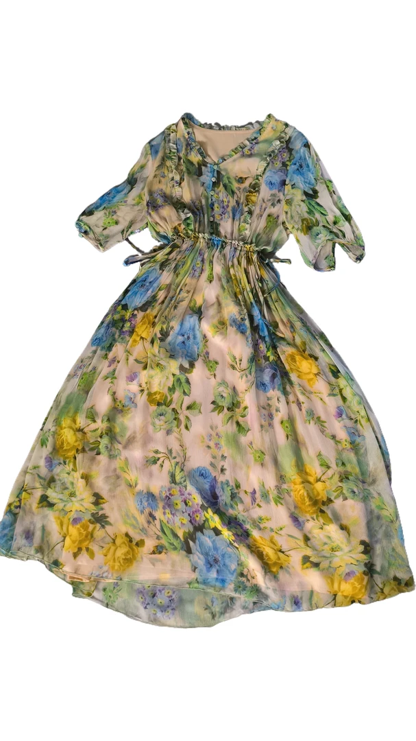 蓝绿色桑蚕丝连衣裙096 3XL