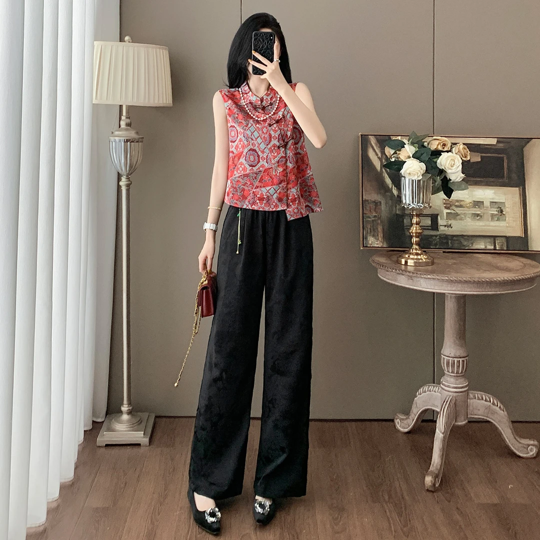 新中式国风休闲运动套装女夏装2025新款洋气无袖短袖阔腿裤两件套
