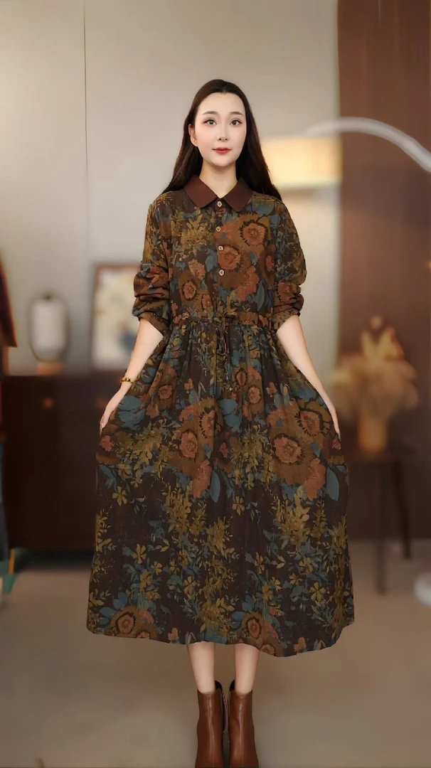 《新晚风落叶》2025夏季款气质收腰时尚棉麻连衣裙
