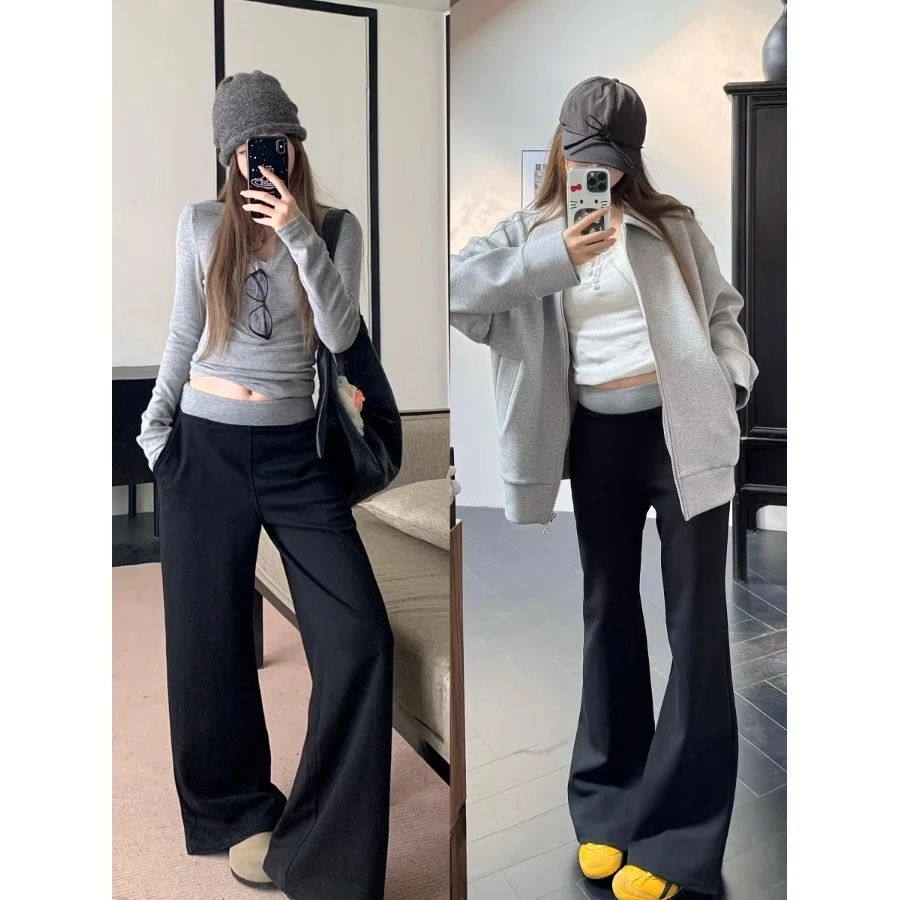 撞色高腰休闲裤阔腿裤女春季垂感微喇裤显瘦直筒裤拖地裤长裤