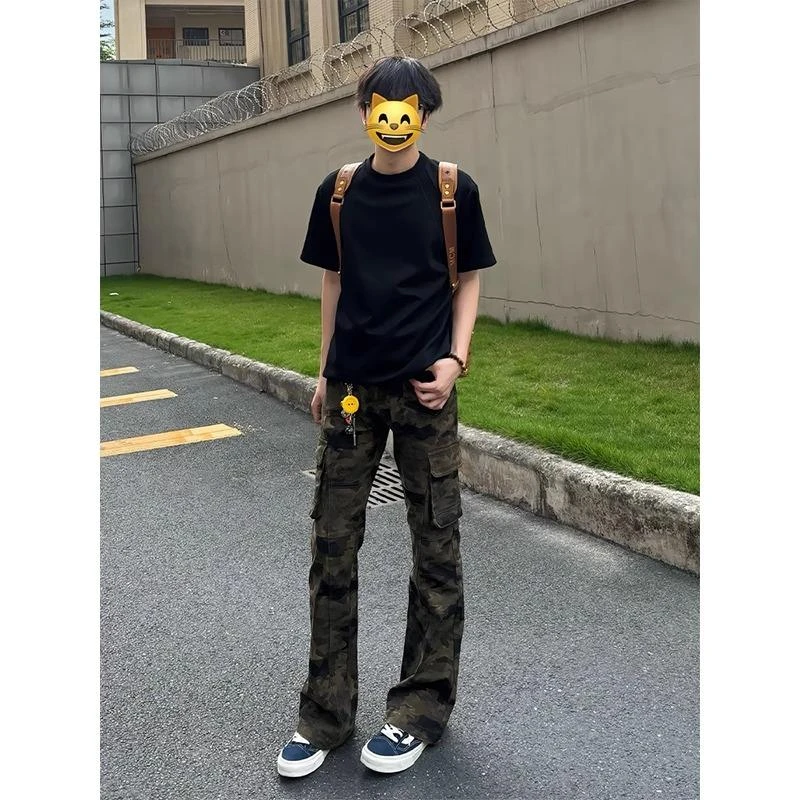 迷彩微喇工装牛仔裤男夏薄款高街vibe裤子工装裤修身显瘦直筒裤