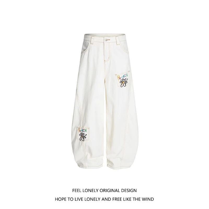 美式复古刺绣彩绘雏菊弯刀牛仔裤vintage男女宽松阔腿休闲长裤潮