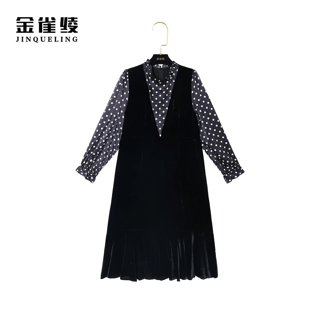 【金雀绫】法式秋冬长袖显瘦气质花领真丝丝绒连衣裙B23095