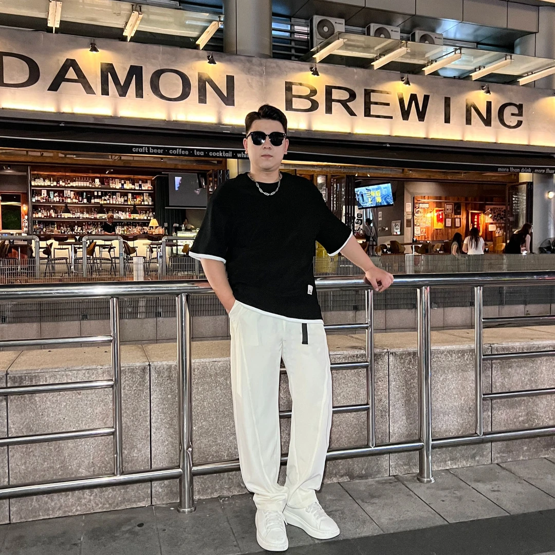 夏季男士假两件冰丝凉感短袖T恤超大码防晒速干弯刀休闲裤HT24204