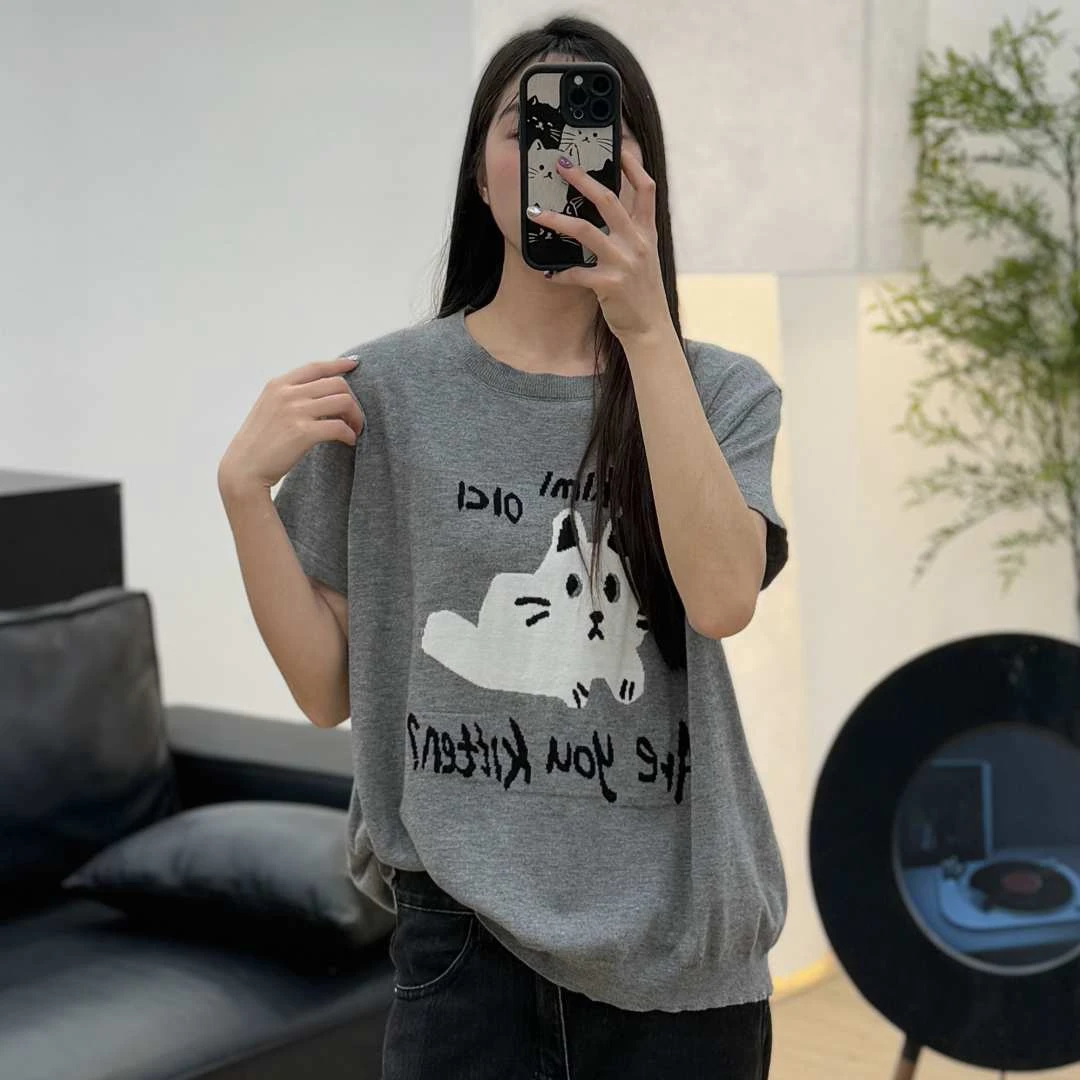JUANJUAN自制女装灰色胸前字母白色猫短袖