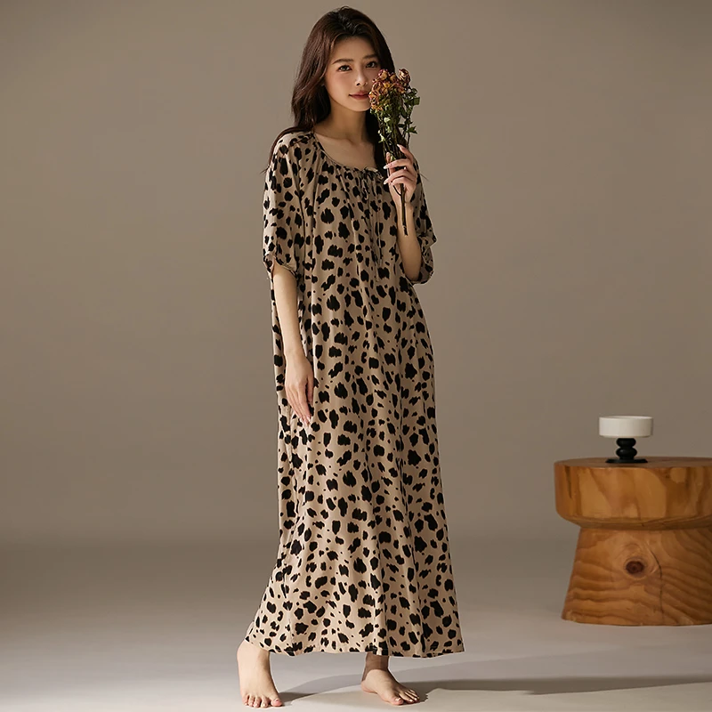 夏季棉绸睡裙女新款家居长裙可外穿休闲宽松人造棉空调服绵绸睡衣